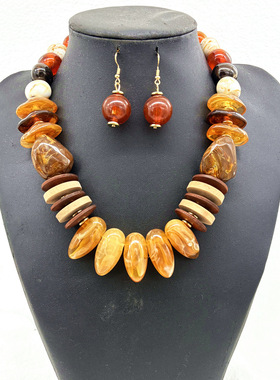 树脂木片复古欧美风锁骨链耳环