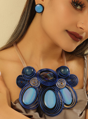 欧美巴洛克项链手工树脂铝丝花朵造型项链耳环套装跨境necklace