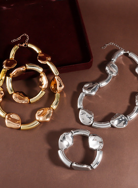 欧美饰品小众夸张光面不规则几何串珠锁骨链项链necklace women