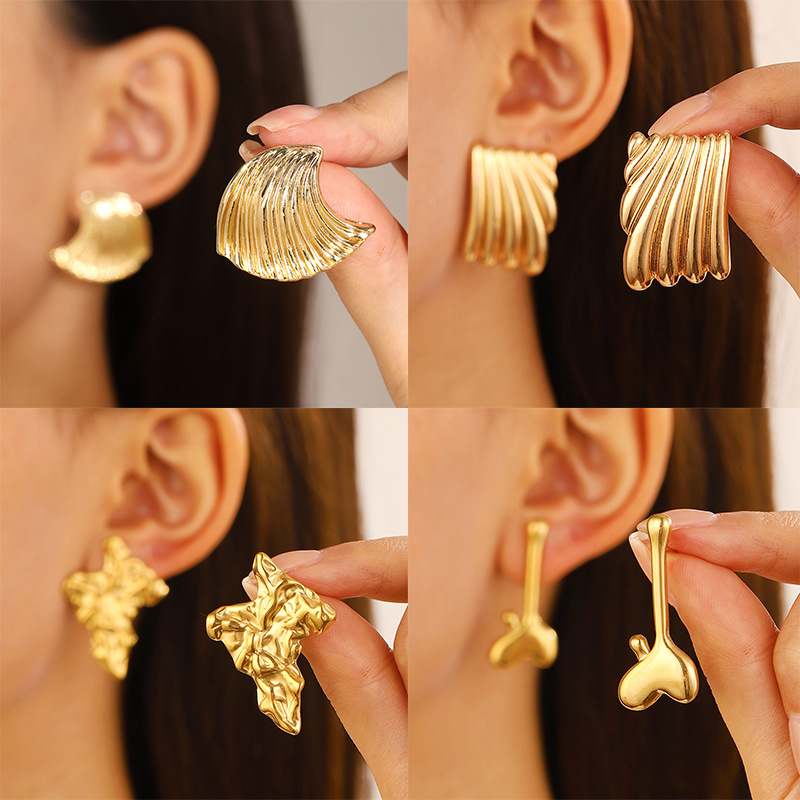 耳环2024新款爆款褶皱几何爱心中古耳钉女earrings women jewelry - 图0