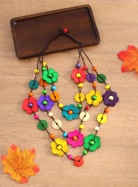 欧美热款民族风多层花朵吊坠项链波西米亚手工编织椰木壳服装配饰
