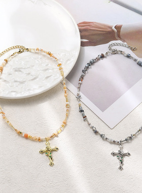 欧美新款拼接玫瑰十字架吊坠项链