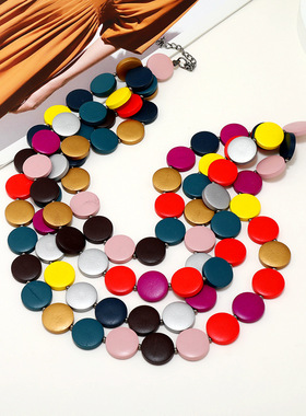 亚马逊新品颈链配饰欧美时尚夸张多层彩色圆片串珠项链