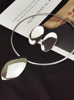 欧美夸张时尚铁片吊坠项链项圈耳环套装 潮流气质颈圈舞台配饰女