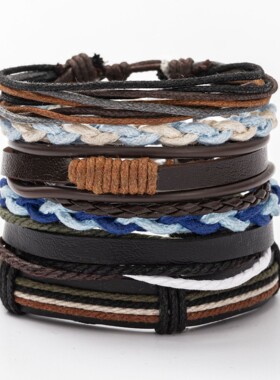 亚马逊跨境复古多层合金皮质手链欧美潮流民族风编织蜡绳皮革手绳