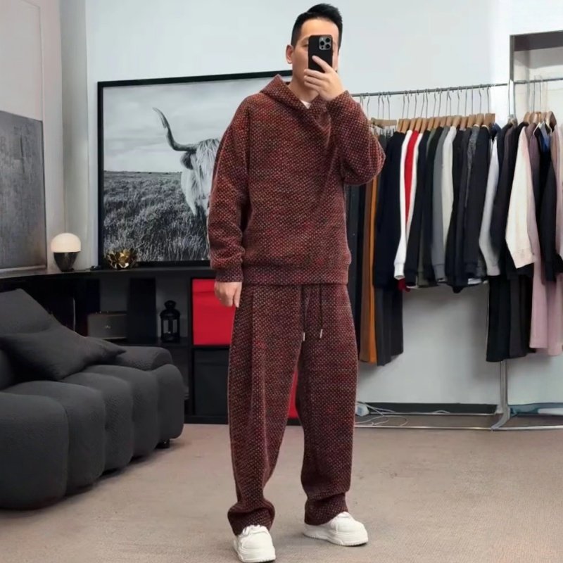 冬季加绒加厚时尚套装男士千鸟格雪呢绒休闲运动卫衣卫裤两件套男,淘宝优惠券,粉丝福利购,淘宝优惠卷