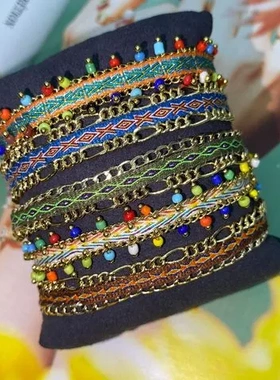 民族波西米织带编织手链手工尼泊尔手工复古链条钉珠彩色欧美