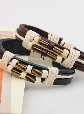 欧美个性手链木珠手环编织海外爆款手工真皮亚马逊绑带