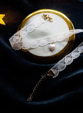 Choker女项链项圈珍珠双层锁骨链水滴吊坠白色颈链蕾丝花