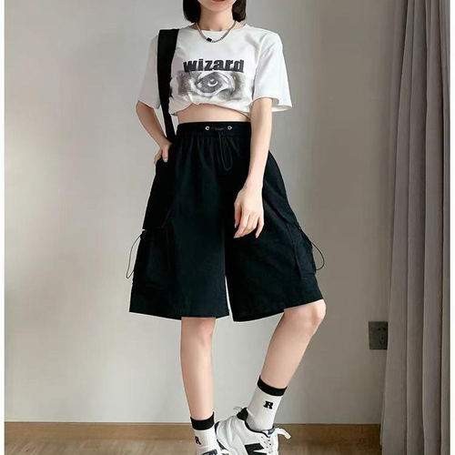 大码工装短裤女夏季薄款美式休闲中裤设计感高腰阔腿运动五分裤子 - 图1