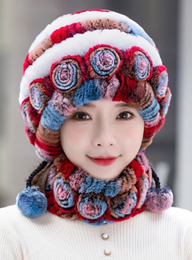 冬天真皮草獭兔毛帽子围巾新款加厚护耳保暖妈妈女中老年花朵元素