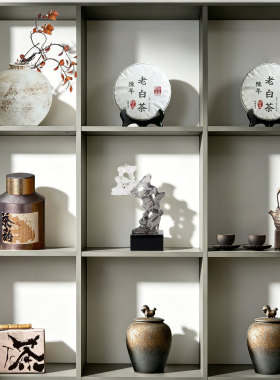 新中式茶室氛围布置摆件样板间展厅家居博古架茶饼茶叶罐茶盒装饰