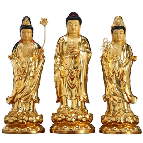 圆通佛具西方三圣纯铜贴金观音佛像供奉阿弥陀佛摆件大势至菩萨站 - 图3
