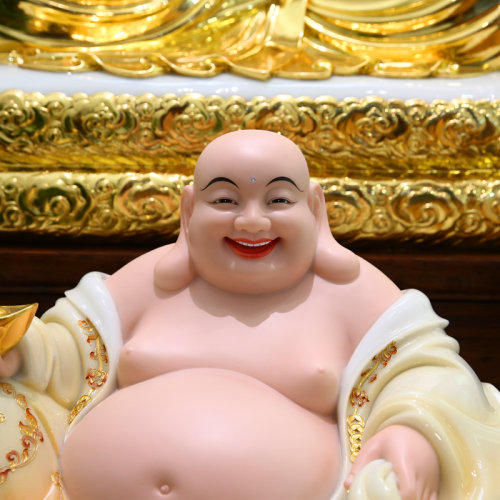 大肚弥勒佛佛像笑佛摆件宽体元宝弥勒佛汉白玉彩釉贴金客厅招财 - 图1