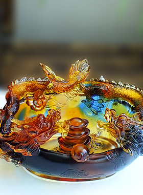 琉璃聚宝盆客厅鱼缸龙摆件招财