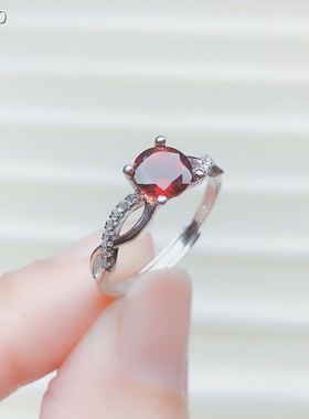 纯银天然鸽血红石榴石戒指ins潮