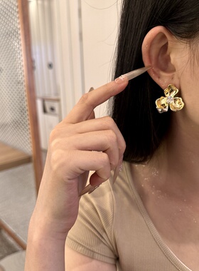 YO MI 高级法式复古金属前后立体花朵撞色锆石耳环小众设计耳饰品