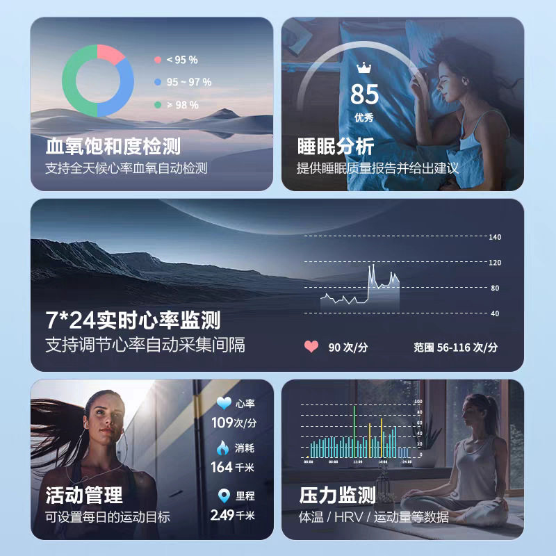 Cross-border intelligent monitoring heart rate blood oxygen blood pressure blood sugar sleep HRV health step counting sports Bluetooth ring