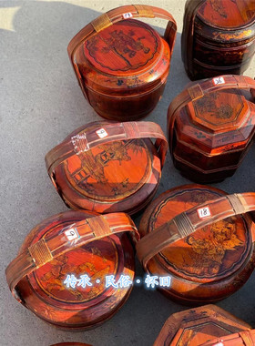 民俗老物件木提盒食盒圆形中式怀旧老旧提盒木食盒饭店装饰提饭盒