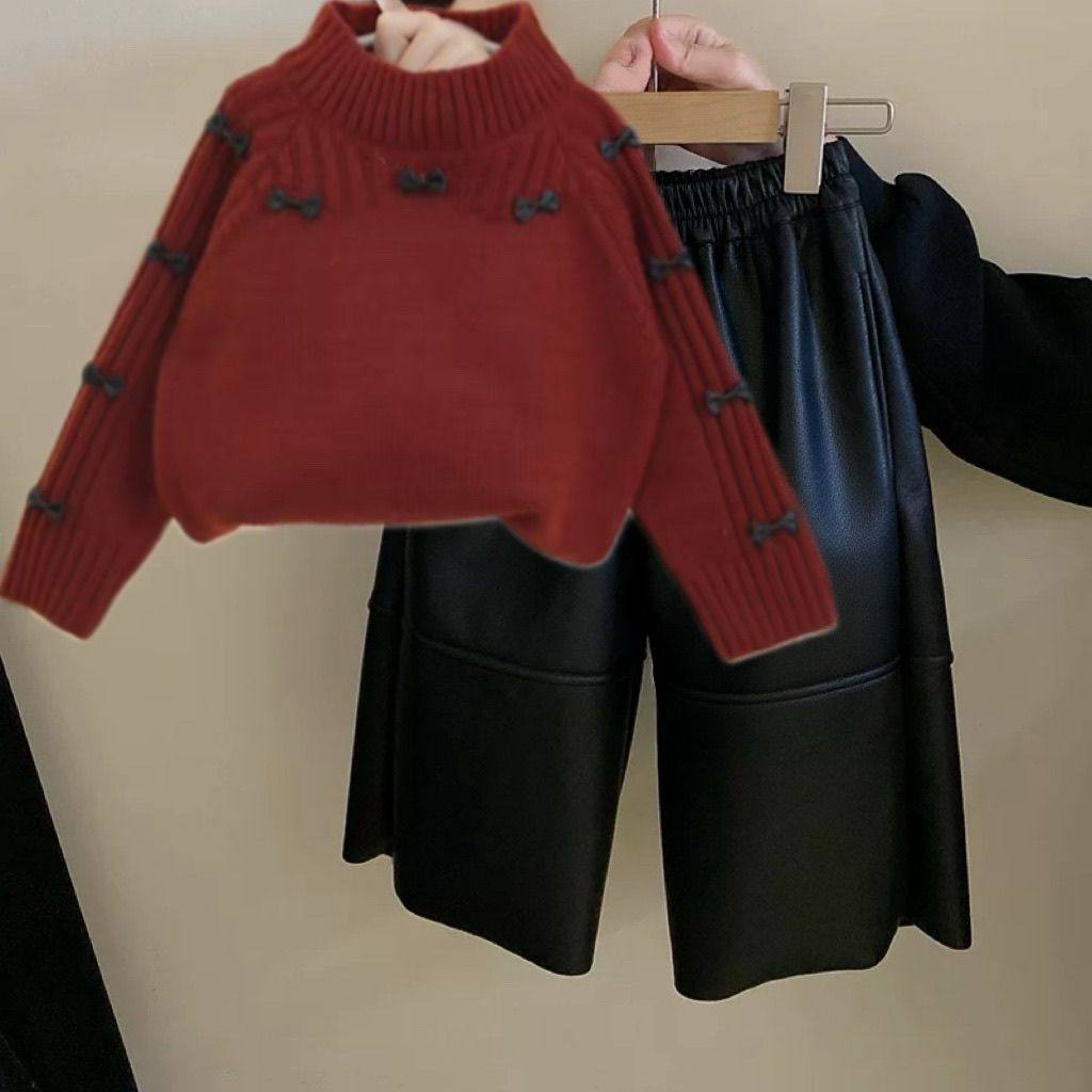 ABC女童秋冬爆款毛领红色毛衣一体绒皮裤两件套女大童新年喜庆套,淘宝优惠券,粉丝福利购,淘宝优惠卷