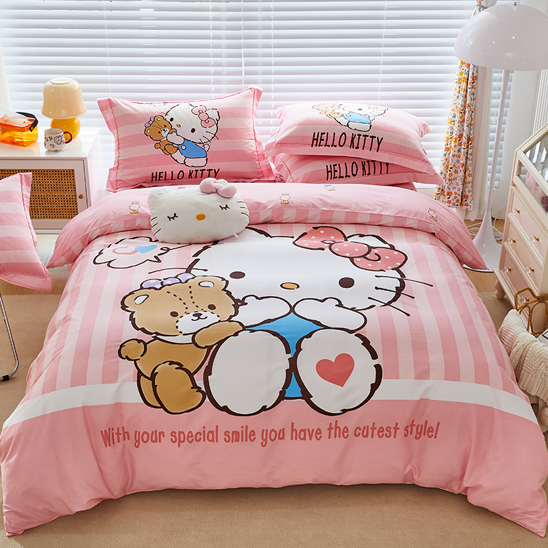 hellokitty猫儿童四件套纯棉女孩全棉卡通被套床单kt猫床品三件套 - 图0