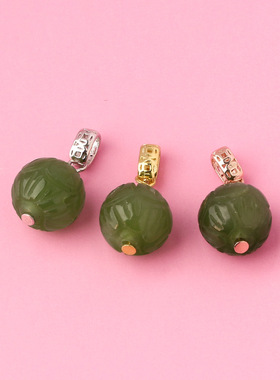 S925银瓜子扣头铜钱歪孔斜孔吊坠扣头镀金色貔貅玉佛翡翠带针扣