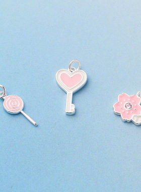 滴胶粉色棒棒糖吊坠s925银滴釉钥匙小花挂件diy串珠手链银饰材料