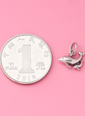 s925银实心复古做旧立体海豚吊坠素银可爱小海豚挂件diy手链配饰