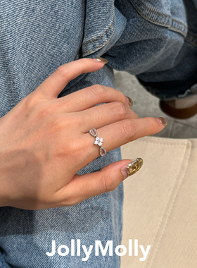 JollyMolly小众设计925银网红甜美轻奢生日礼物重工菱形四叶草戒