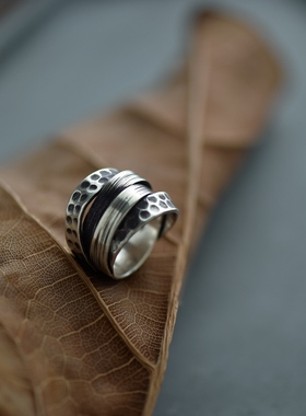 【纳】手工泰国锤纹纯银宽面透气食指戒指女开口可调节银戒女