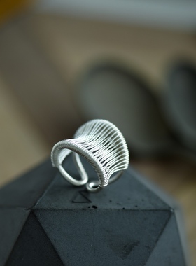 【缕】银丝素色手工泰国纯银宽面透气食指戒指女开口可调节银戒女