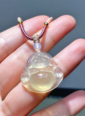 香槟金天然高冰玉髓佛公项坠女款项链款白冰弥勒佛大肚佛玛瑙吊坠