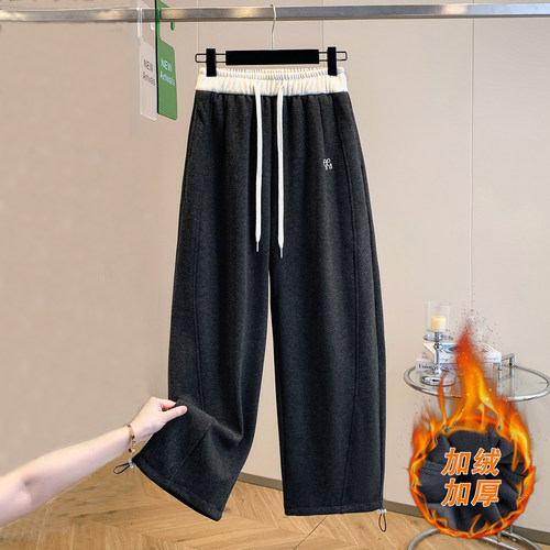 藏蓝色弯刀裤女阔腿新款秋冬加绒高腰宽松香蕉窄版休闲运动卫裤子 - 图2