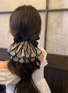 高级感蕾丝扇面发夹黑缎蝴蝶结弹簧夹女头包脸高颅顶通勤百搭发饰
