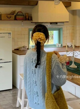韩系黄色格子四层大肠发圈女高级感丸子头麻花辫超大简约发饰头绳