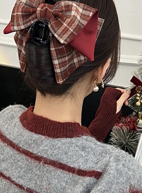 新款学院风格纹蝴蝶结高马尾夹女韩系抓夹轻奢美拉德格纹发饰头饰