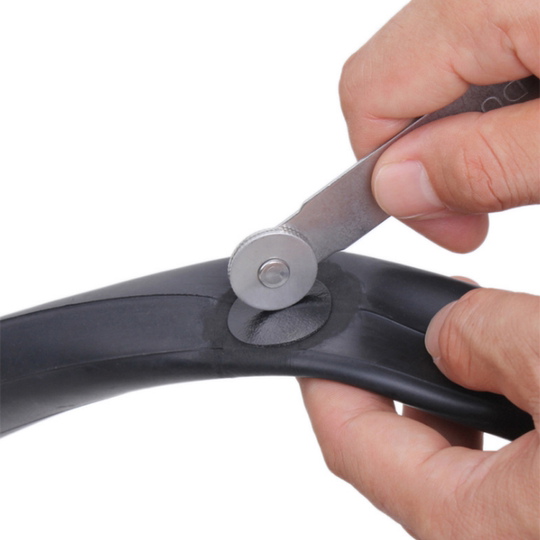 Bicycle tire repair tool with roller tire repair file, multi-purpose rubber tire skin filer, file board file