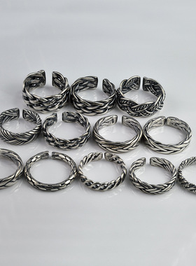 S925银手工编织戒指男女情侣款泰银复古做旧开口指环尾戒送男友