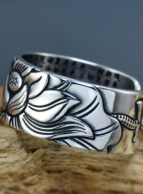 S999足银莲花心经泰银戒指复古男士潮开口荷花饰品宽版指环批发潮