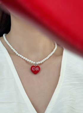 韩国Grov*彩色爱心镶嵌闪钻字母珍珠项链 显白少女复古毛衣链