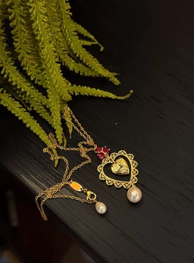 2025年新品精致甜美镶嵌紫色锆石镂空双爱心设计项链  珍珠点缀款