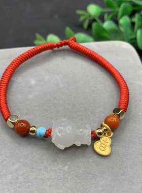 天然和田玉生肖牛手链手工编织小牛红绳手链属相牛手绳男女款