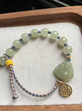 天然和田玉弥勒佛手链女玉石佛公手链本命年编织笑佛手串送证书