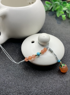 天然盐源玛瑙小柿子茶壶防摔绳手工编织好事发生茶壶坠茶壶盖提溜