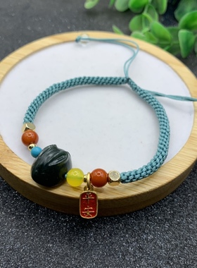 天然和田玉生肖兔子手链手工编织小兔子手绳本命年小黑兔手链