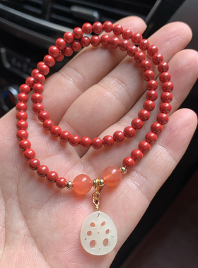 高含量朱砂手链4mm多圈女本命年红绳手串和田玉藕片吊坠情侣礼物