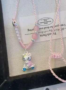 儿童足银999可爱纯银hellokitty编绳凯蒂猫银项链吊坠送女友礼物
