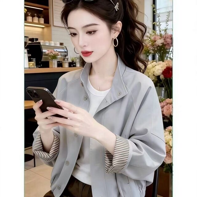 Spring Korean style stand collar slim striped patchwork jacket for women