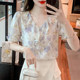 ເຄື່ອງນຸ່ງລະດູຮ້ອນ ruffled floral ຄໍ v ແຂນສັ້ນ snow