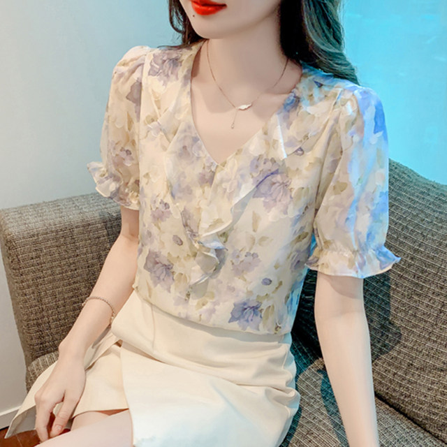 ເຄື່ອງນຸ່ງລະດູຮ້ອນ ruffled floral ຄໍ v ແຂນສັ້ນ snow